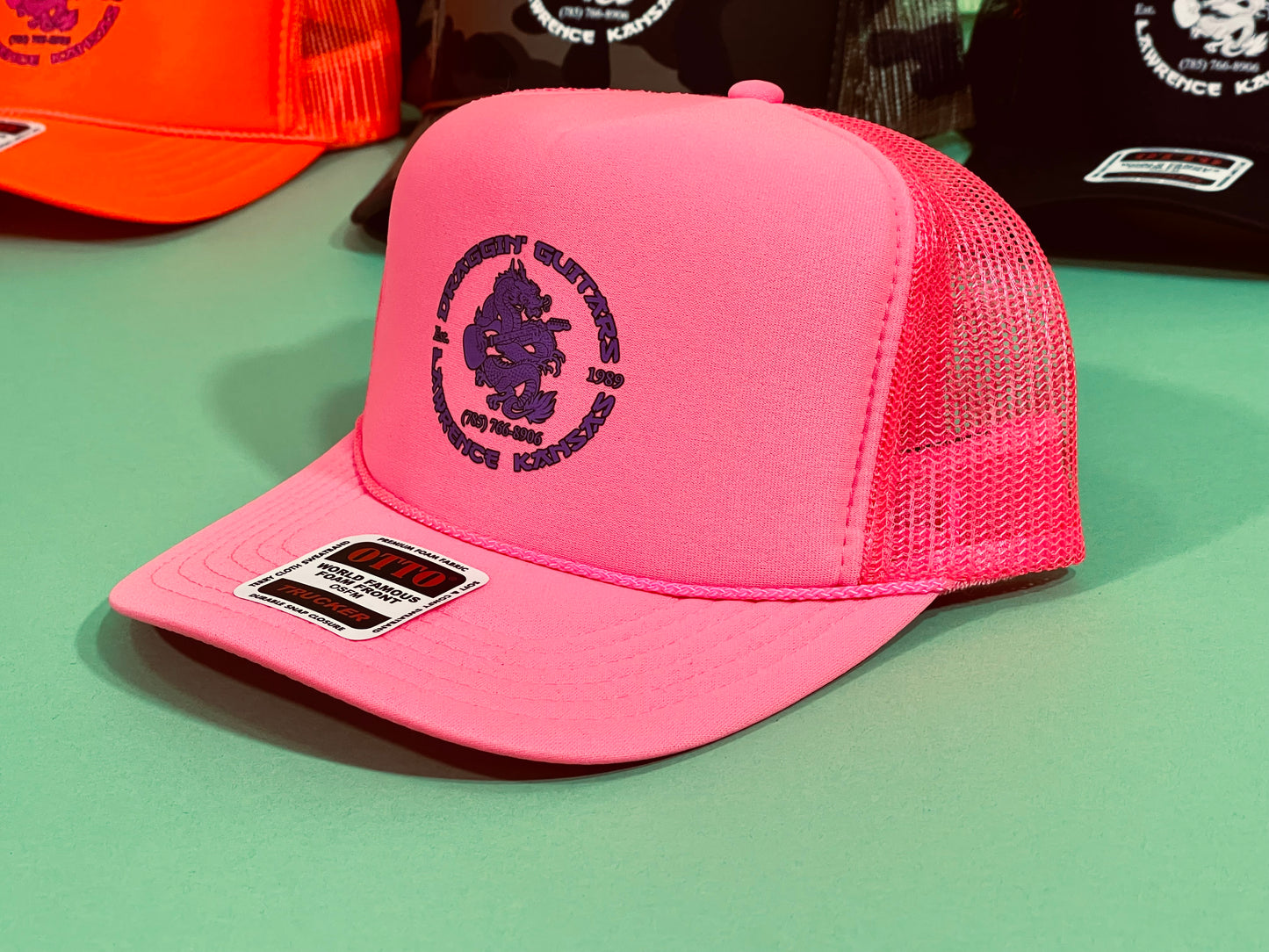 Draggin' Guitars Snap-Back Retro 1980's Trucker Hat Neon Pink with Purple Print