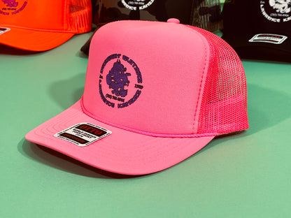 Draggin' Guitars Snap-Back Retro 1980's Trucker Hat Neon Pink with Purple Print