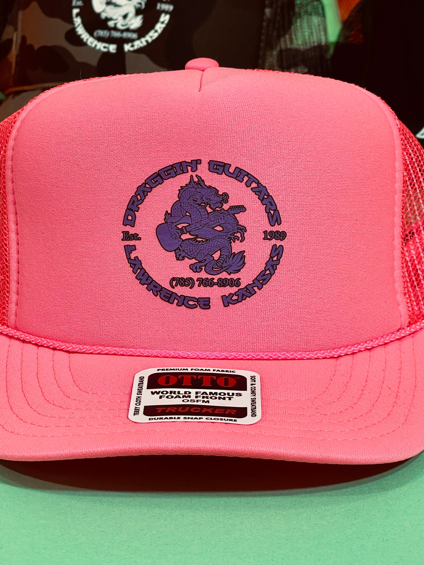 Draggin' Guitars Snap-Back Retro 1980's Trucker Hat Neon Pink with Purple Print