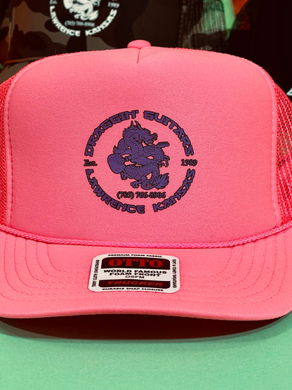 Draggin' Guitars Snap-Back Retro 1980's Trucker Hat Neon Pink with Purple Print
