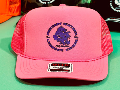 Draggin' Guitars Snap-Back Retro 1980's Trucker Hat Neon Pink with Purple Print