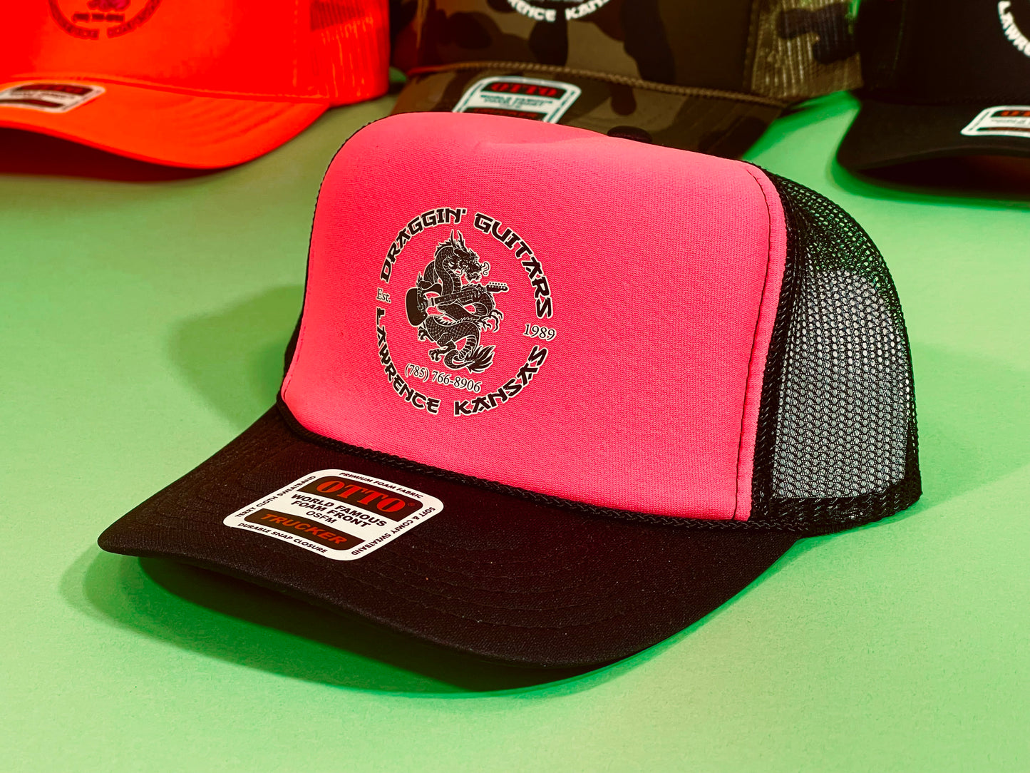 Draggin' Guitars Snap-Back Retro 1980's Trucker Hat Black / Hot Pink with Black & White Print