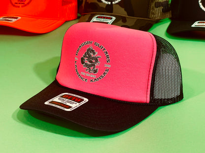 Draggin' Guitars Snap-Back Retro 1980's Trucker Hat Black / Hot Pink with Black & White Print