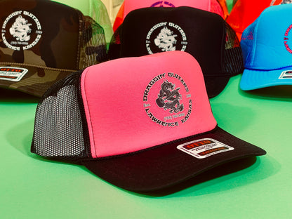 Draggin' Guitars Snap-Back Retro 1980's Trucker Hat Black / Hot Pink with Black & White Print