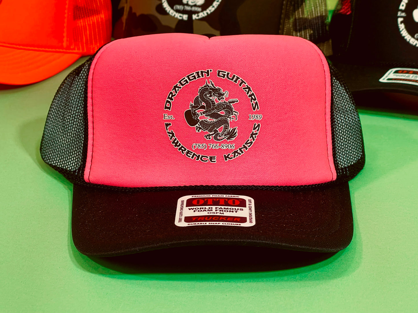 Draggin' Guitars Snap-Back Retro 1980's Trucker Hat Black / Hot Pink with Black & White Print