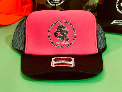 Draggin' Guitars Snap-Back Retro 1980's Trucker Hat Black / Hot Pink with Black & White Print