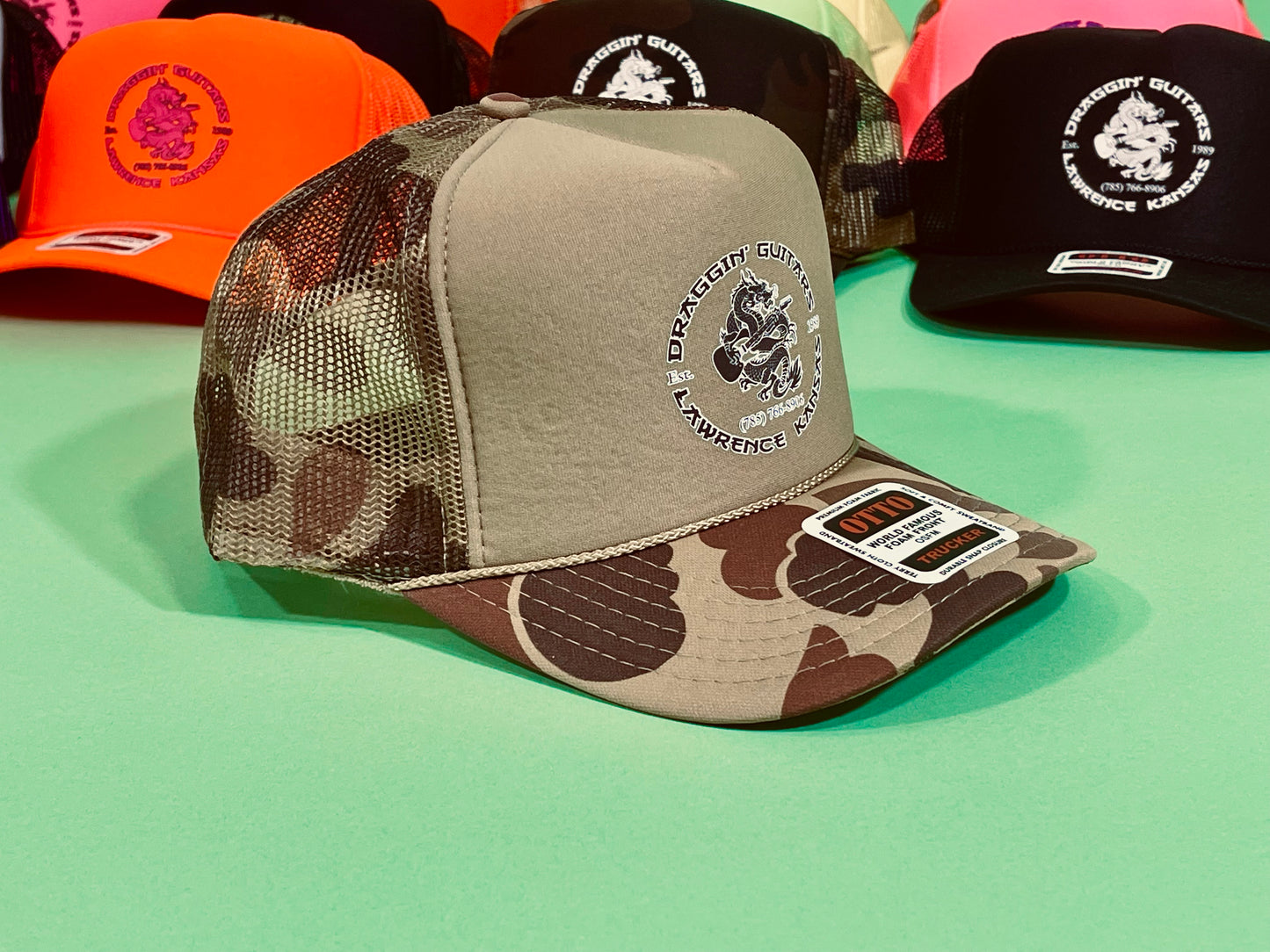 Draggin' Guitars Snap-Back Retro 1970's Trucker Hat Light Green Camp with Black & White Print