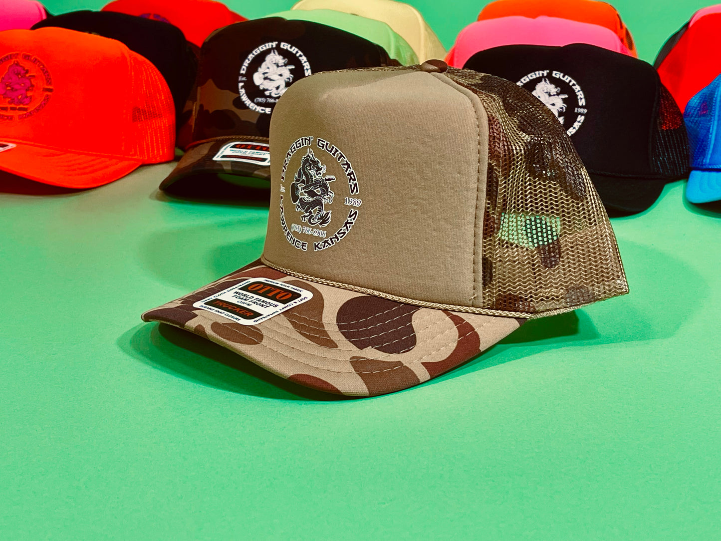 Draggin' Guitars Snap-Back Retro 1970's Trucker Hat Light Green Camp with Black & White Print