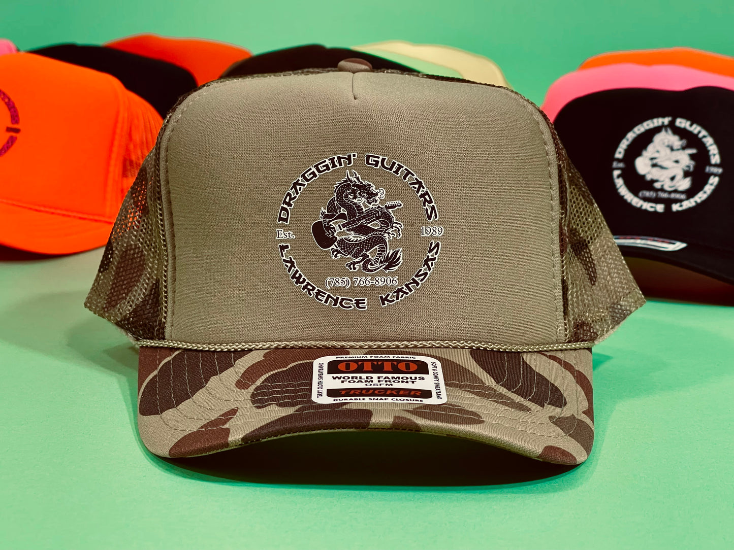 Draggin' Guitars Snap-Back Retro 1970's Trucker Hat Light Green Camp with Black & White Print