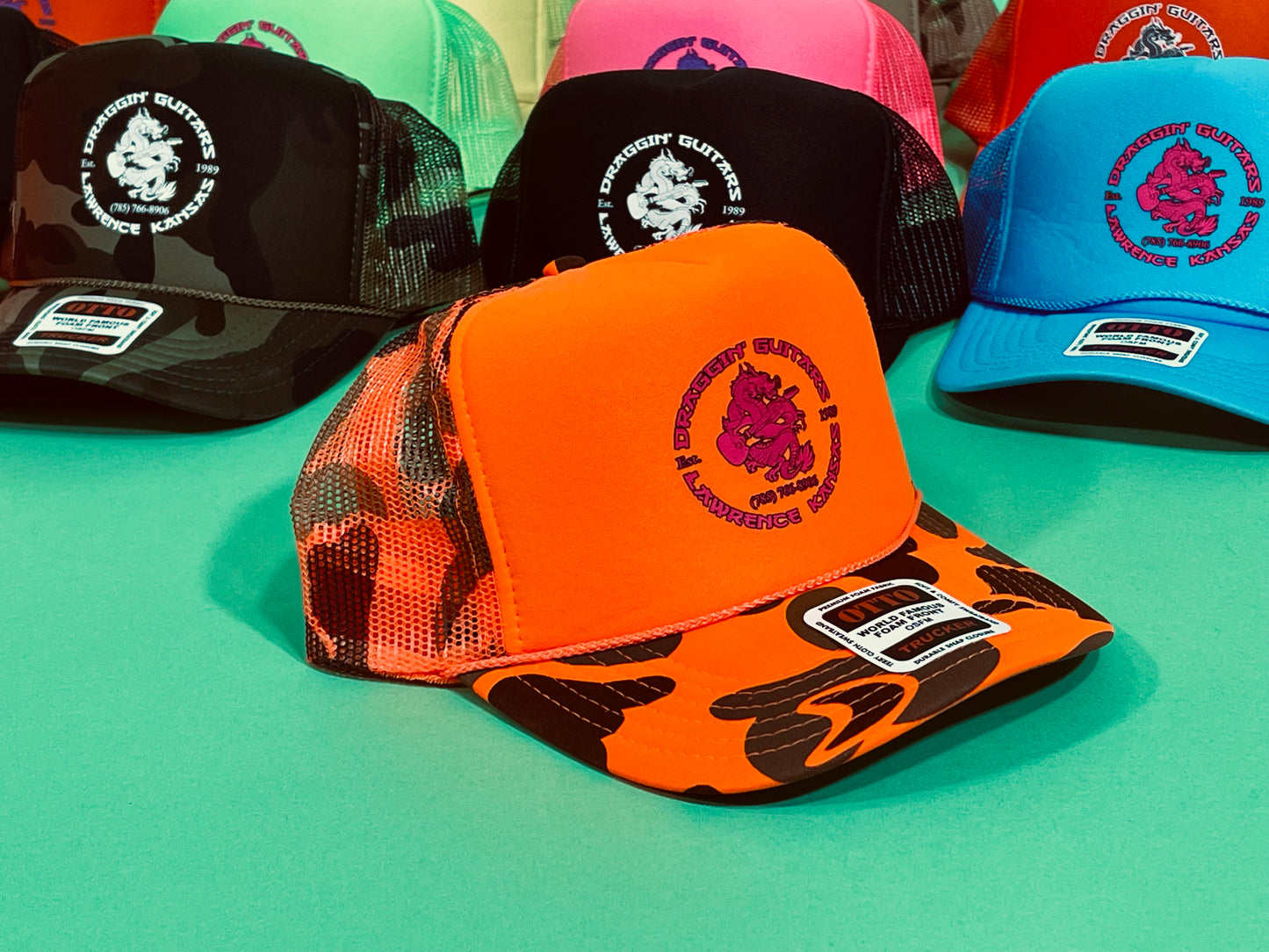 Draggin' Guitars Snap-Back Retro 1970's Trucker Hat NEON Orange CAMO with Hot Pink Print