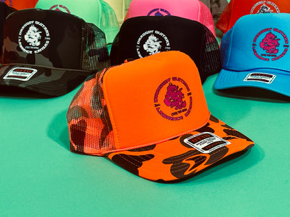 Draggin' Guitars Snap-Back Retro 1970's Trucker Hat NEON Orange CAMO with Hot Pink Print