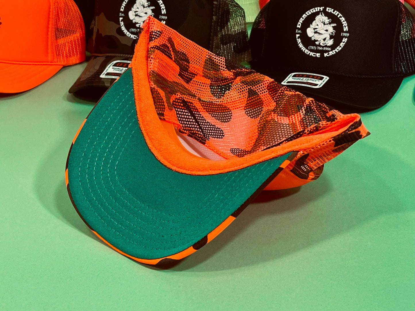Draggin' Guitars Snap-Back Retro 1970's Trucker Hat NEON Orange CAMO with Hot Pink Print