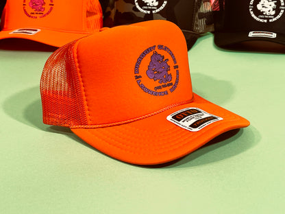 Draggin' Guitars Snap-Back Retro 1970's Trucker Hat Orange with Purple Print