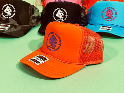Draggin' Guitars Snap-Back Retro 1970's Trucker Hat Orange with Purple Print