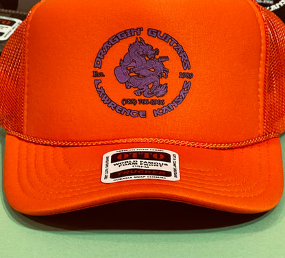 Draggin' Guitars Snap-Back Retro 1970's Trucker Hat Orange with Purple Print