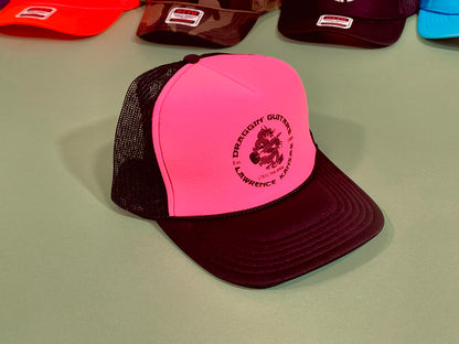 Draggin' Guitars Snap-Back Retro 1980's Trucker Hat Black / Hot Pink with Black Print