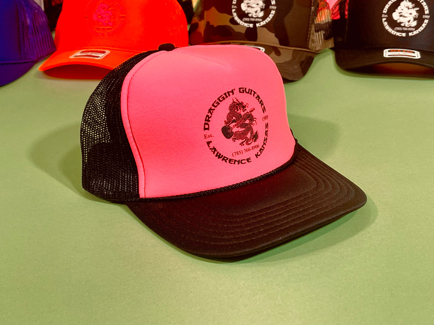 Draggin' Guitars Snap-Back Retro 1980's Trucker Hat Black / Hot Pink with Black Print