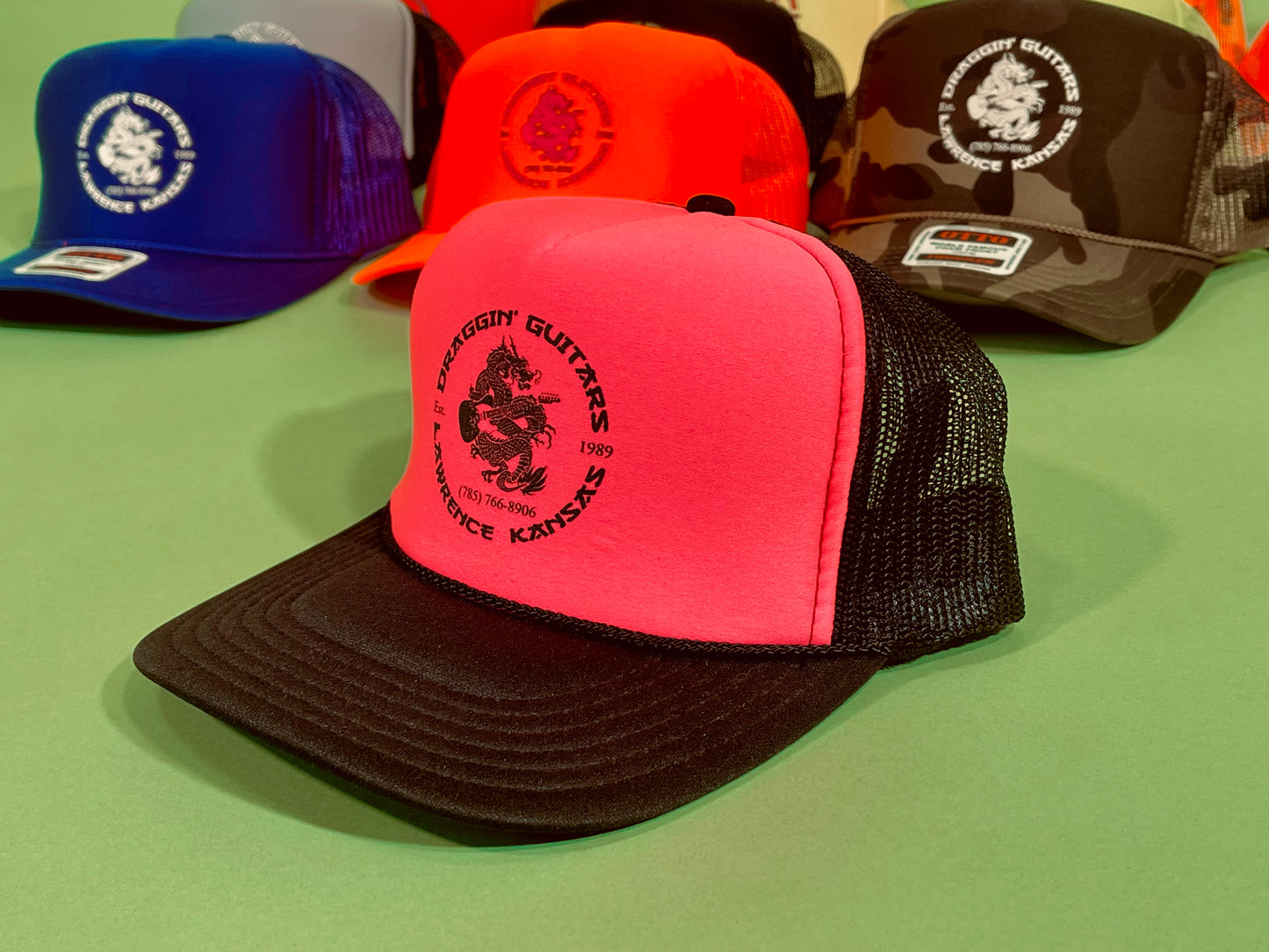 Draggin' Guitars Snap-Back Retro 1980's Trucker Hat Black / Hot Pink with Black Print