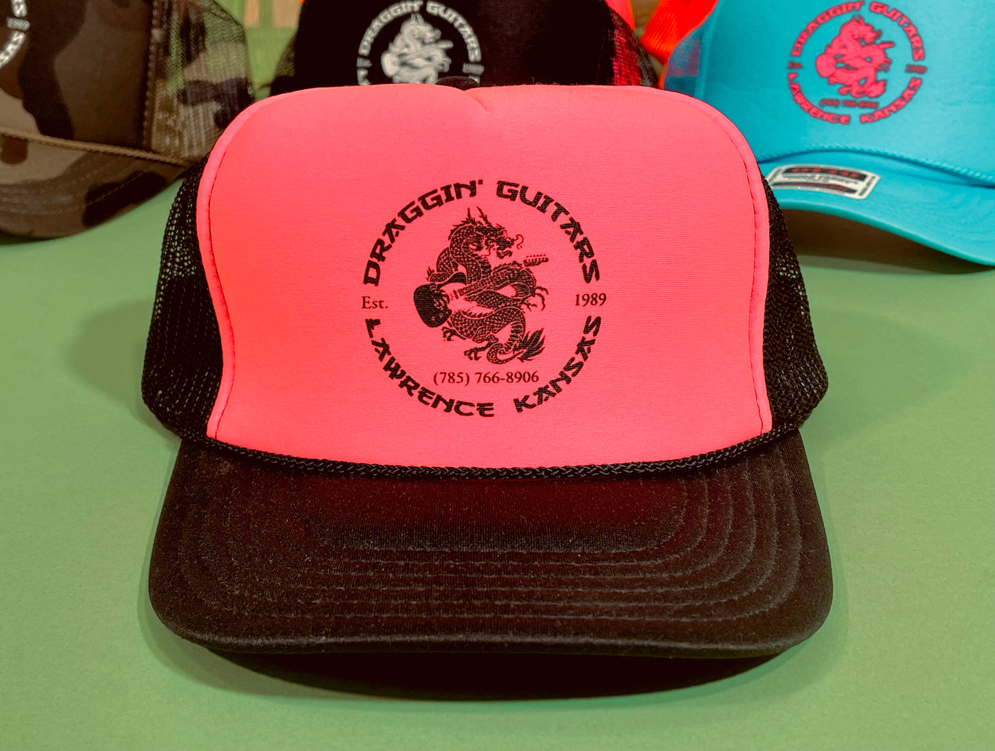 Draggin' Guitars Snap-Back Retro 1980's Trucker Hat Black / Hot Pink with Black Print