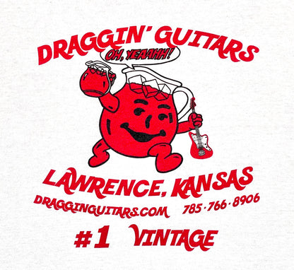 Draggin' Guitar "Drink Up" T-shirt White with Blue Ringer Red/Black ink