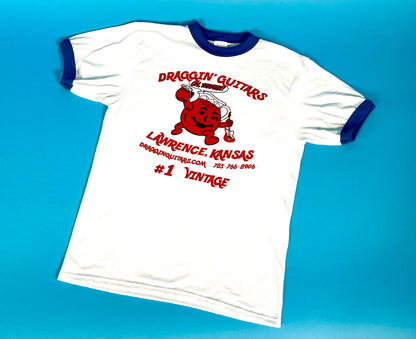 Draggin' Guitar "Drink Up" T-shirt White with Blue Ringer Red/Black ink